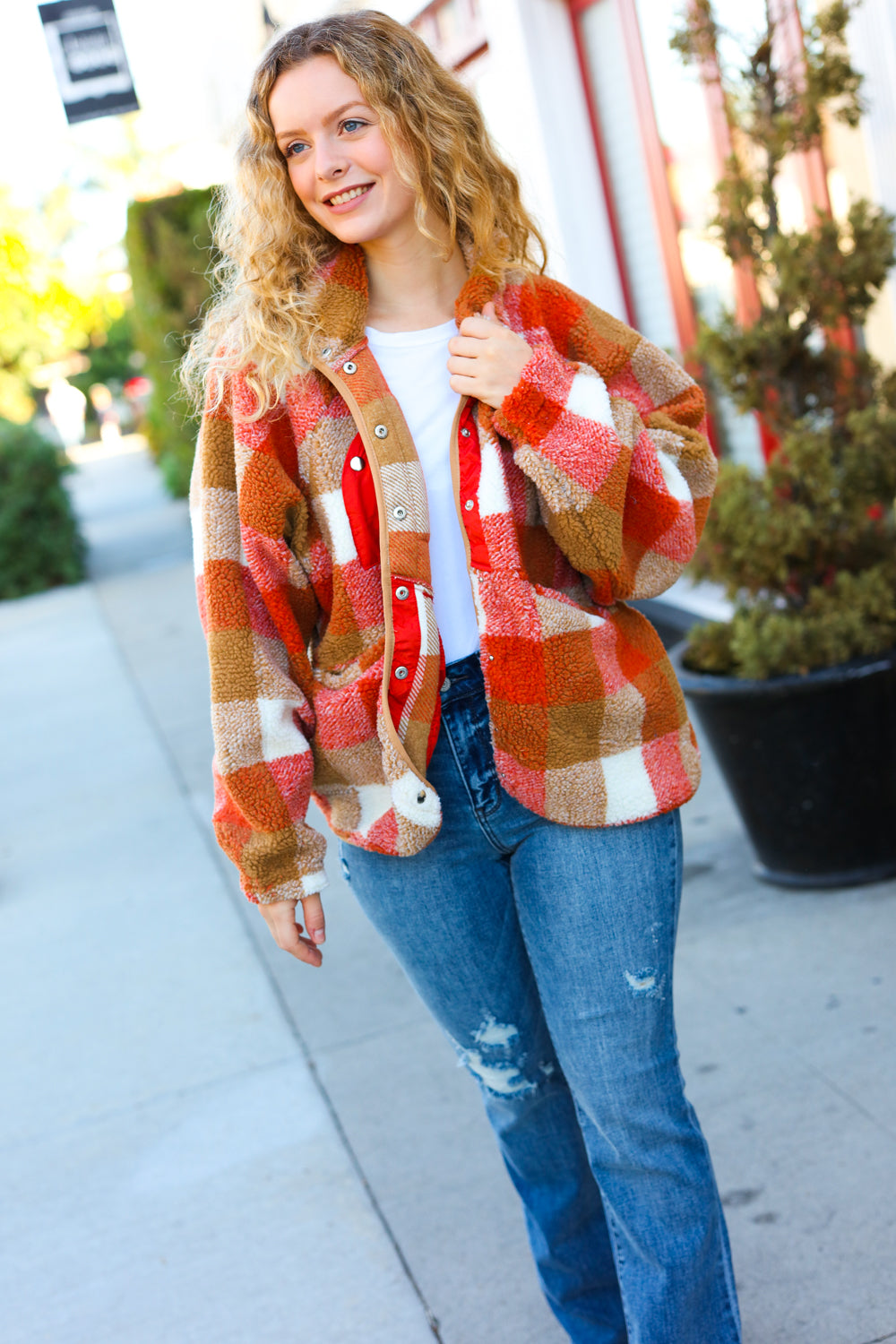 It's Your Best Rust & Camel Plaid Sherpa Button Down Jacket