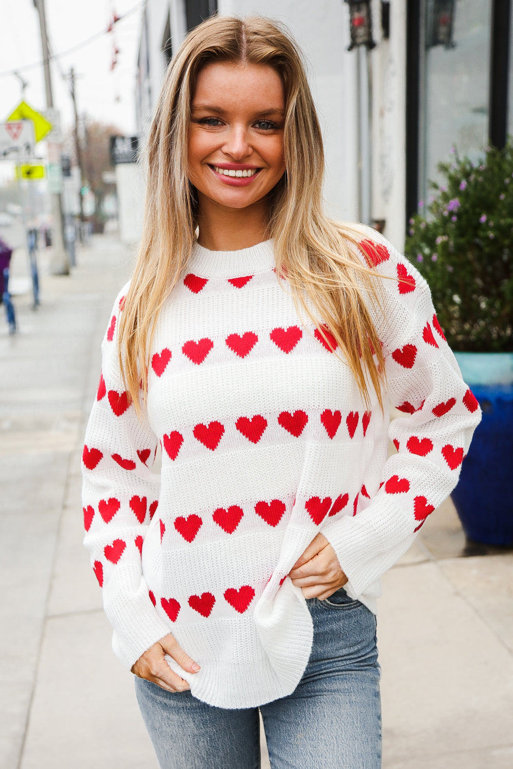 Be Mine White Jacquard Heart Stripe Pullover Sweater