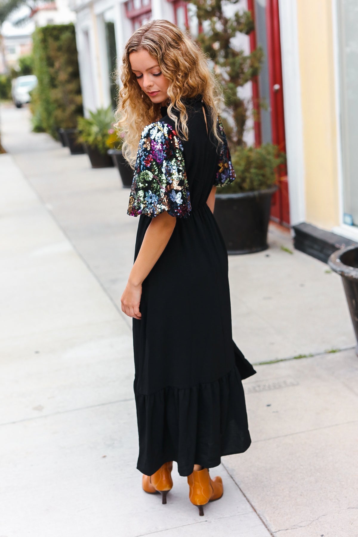 Black Floral Sequin Puff Sleeve Mock Neck Tiered Maxi Dress