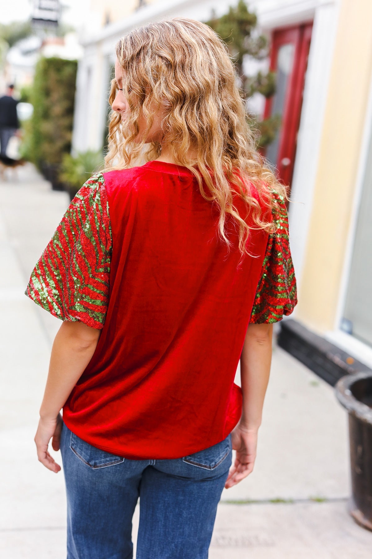 Warmest Wishes Red & Green Sequin Puff Sleeve Velvet Top