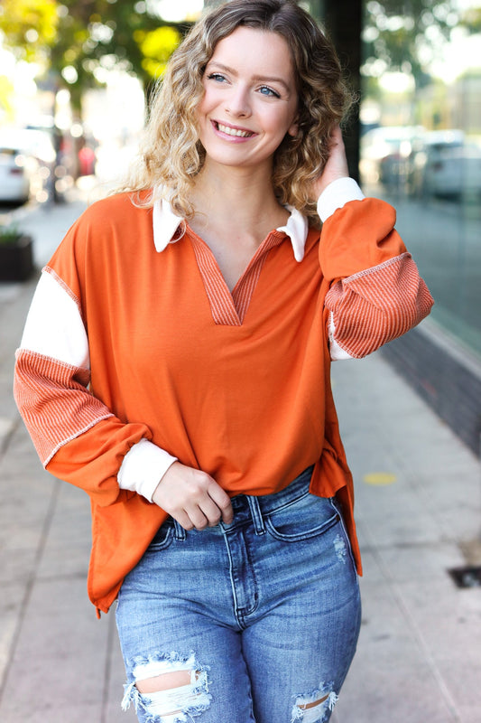 Falling For You Rust Color Block Collared French Terry Top