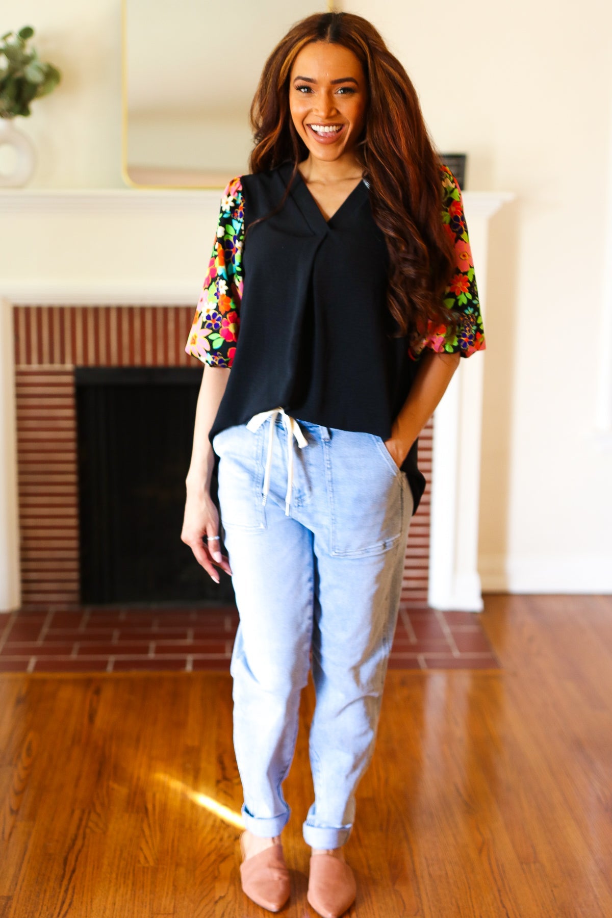 Eyes On You Black Floral Puff Sleeve V Neck Top