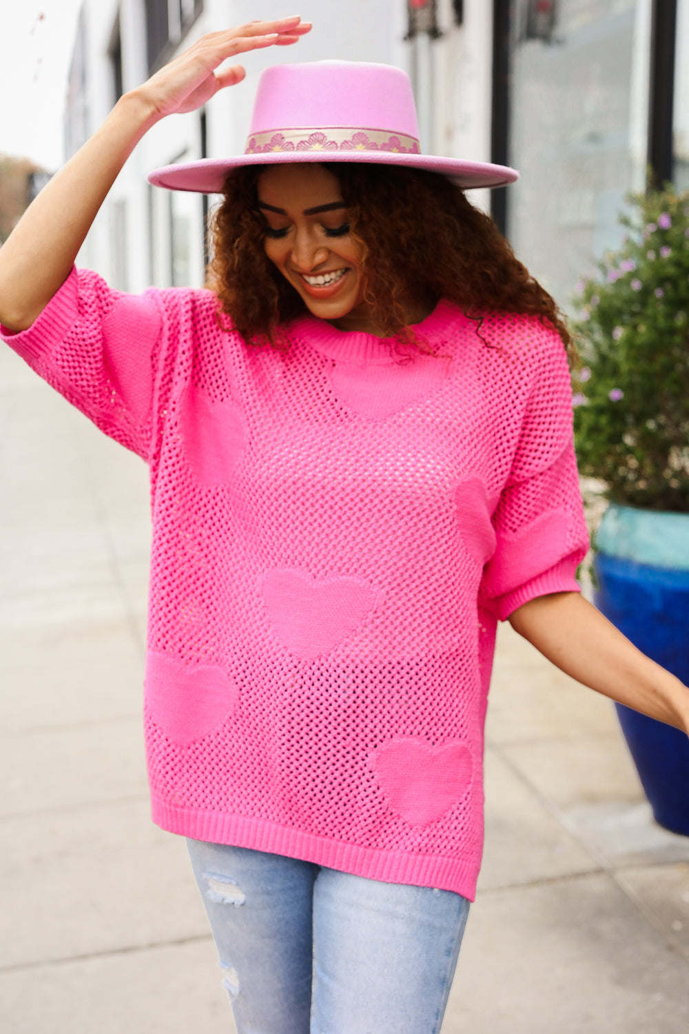 Can't Look Away Pink Heart Netted Crochet Sweater Top