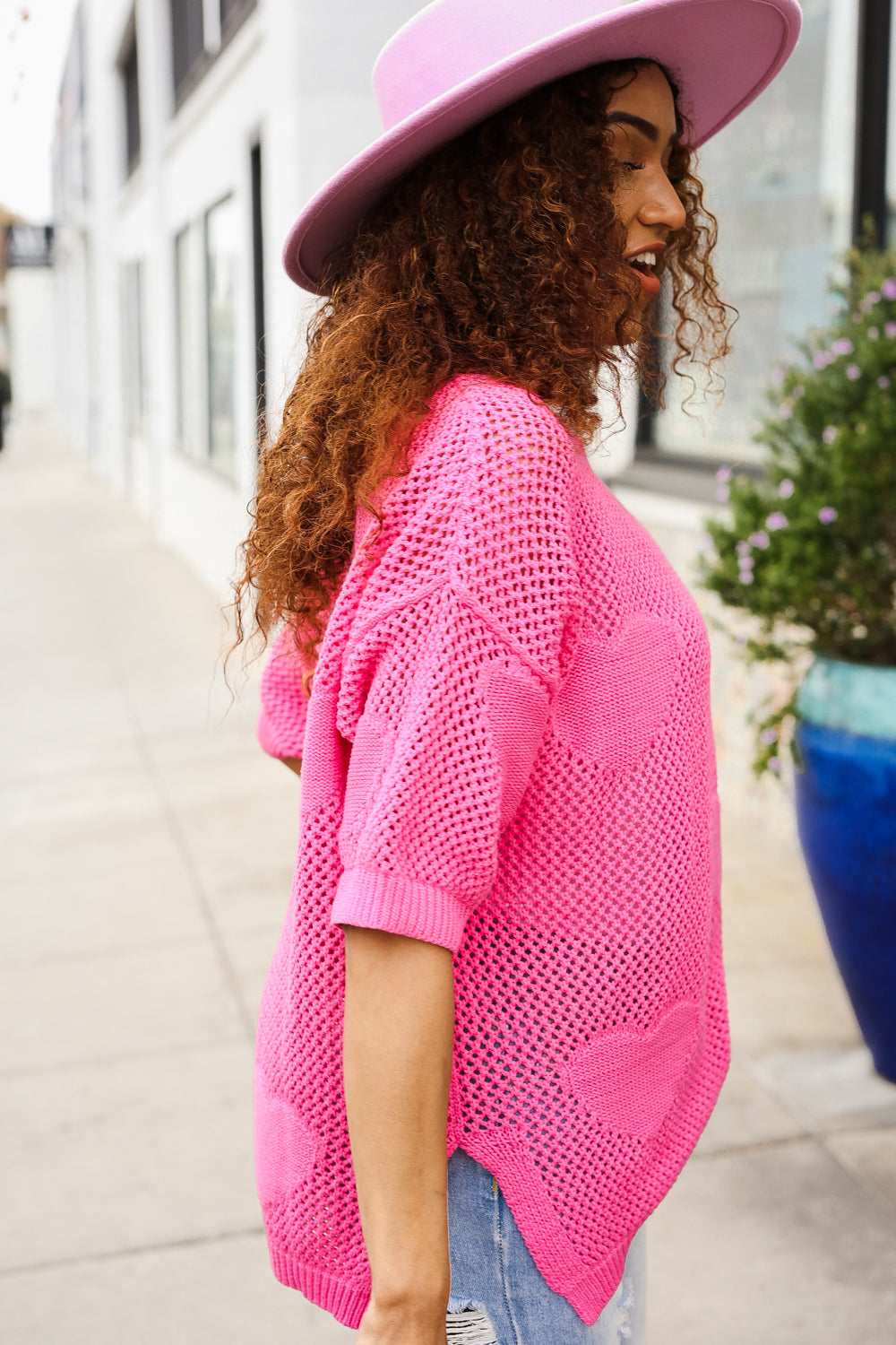 Can't Look Away Pink Heart Netted Crochet Sweater Top