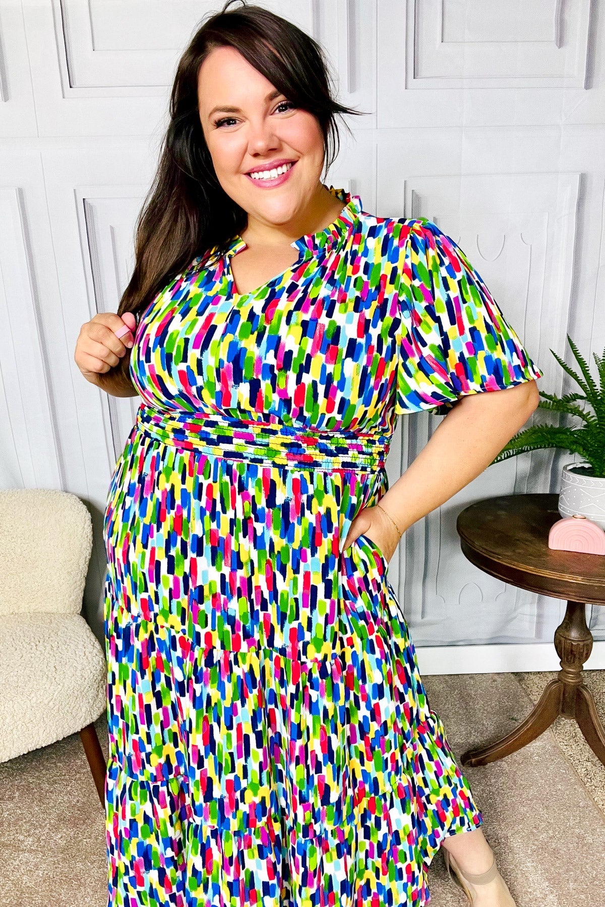 All For You Navy Multicolor Abstract Print Smocked Waist Maxi Dress