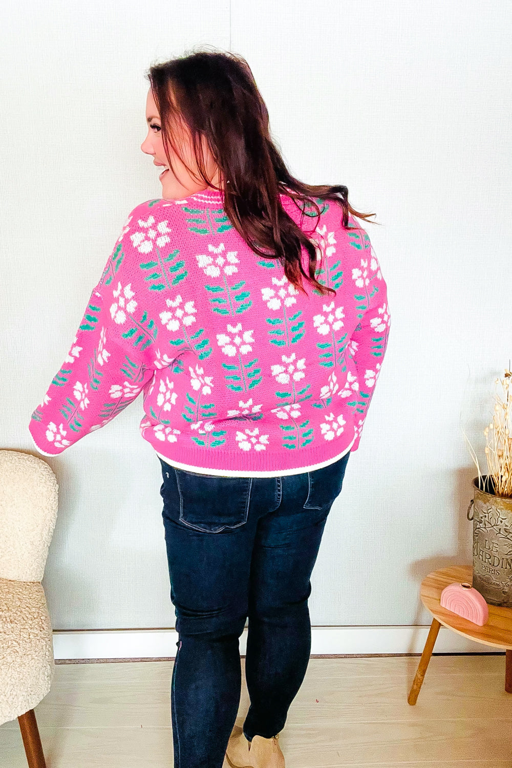 All For Love Fuchsia Flower Print Button Down Knit Cardigan