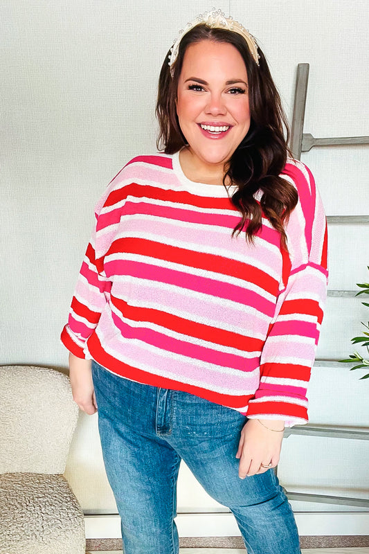 Follow Me Red/Pink Loose Knit Stripe Ribbed Pullover