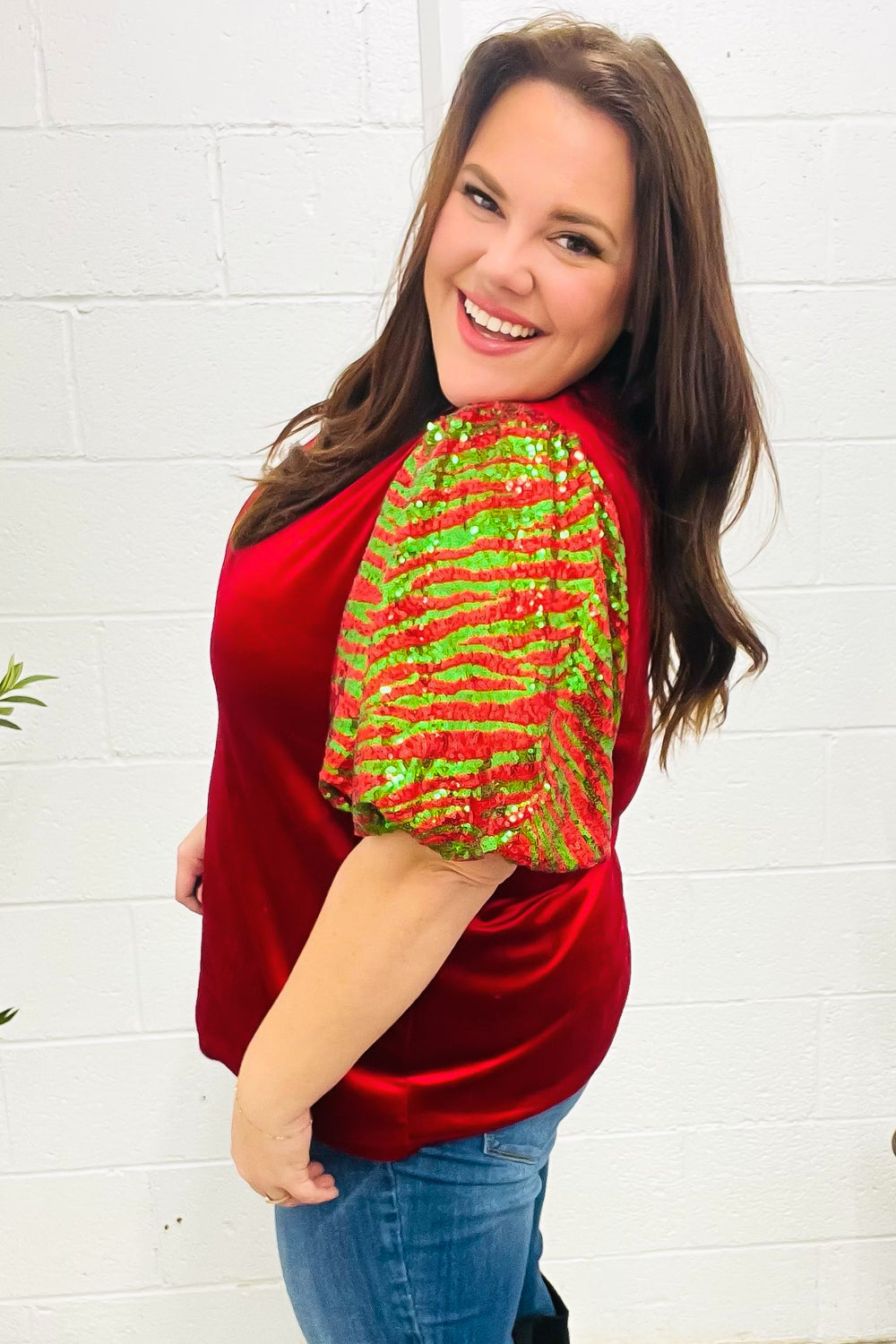 Warmest Wishes Red & Green Sequin Puff Sleeve Velvet Top