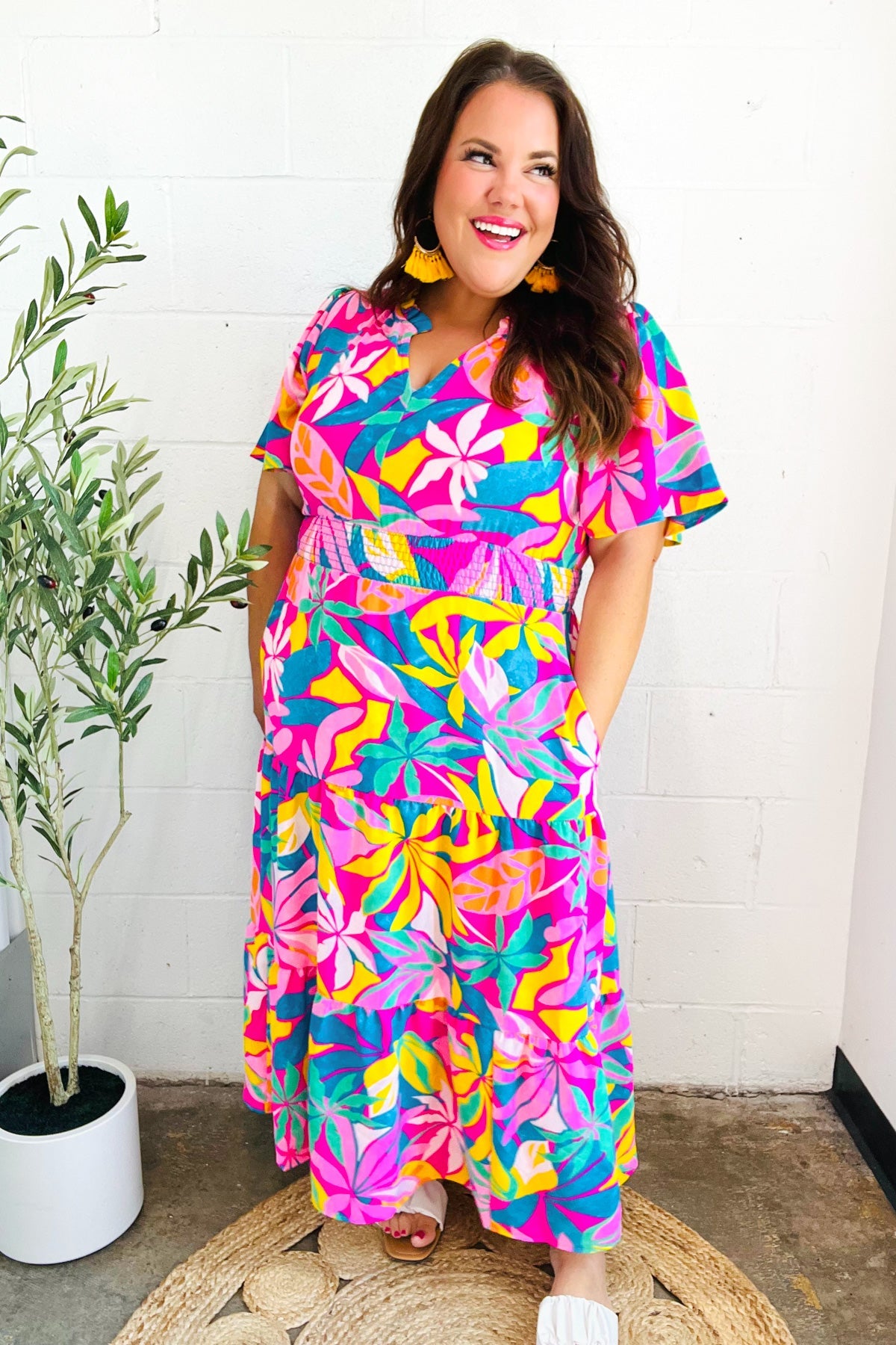 Tropical Trance Fuchsia Floral Smocked Waist Maxi Dress