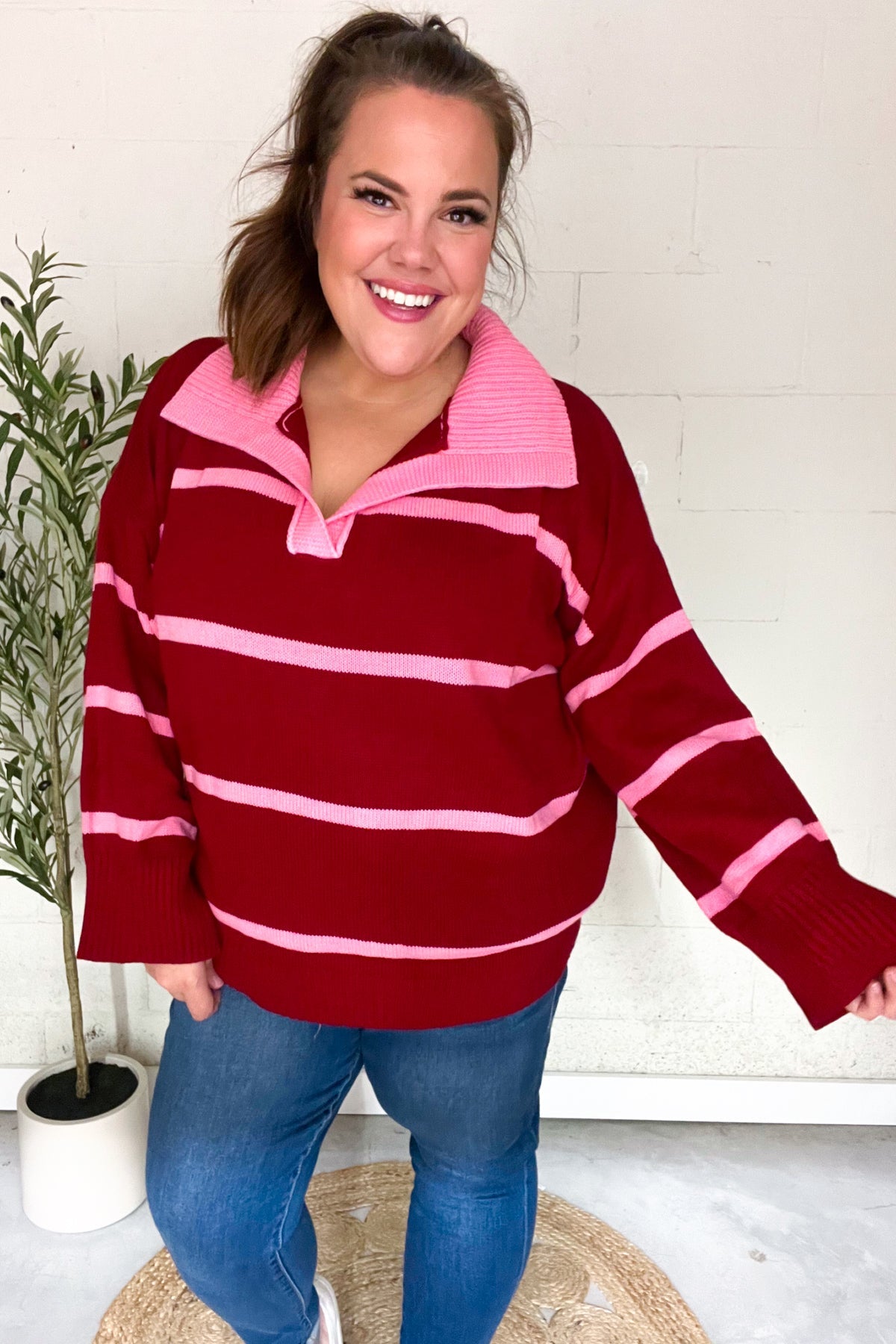 Fall For You Crimson Stripe Notched Neck Collared Oversized Sweater