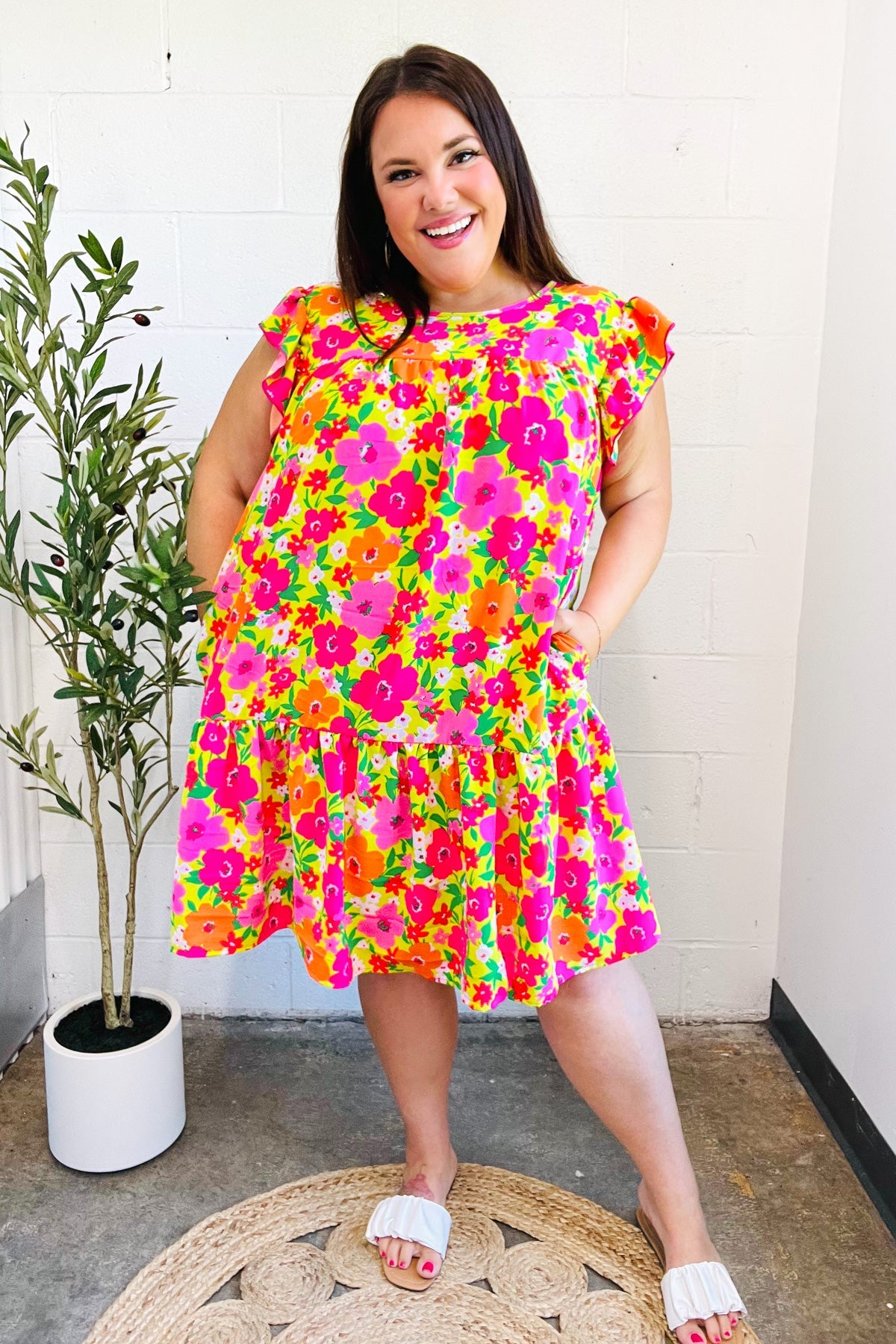 Be Charming Lime & Pink Floral Print Tiered Ruffle Sleeve Dress