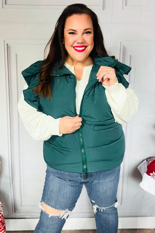 Feeling Festive Hunter Green Zipper Up Quilted Ruffle Sleeve Puffer Vest