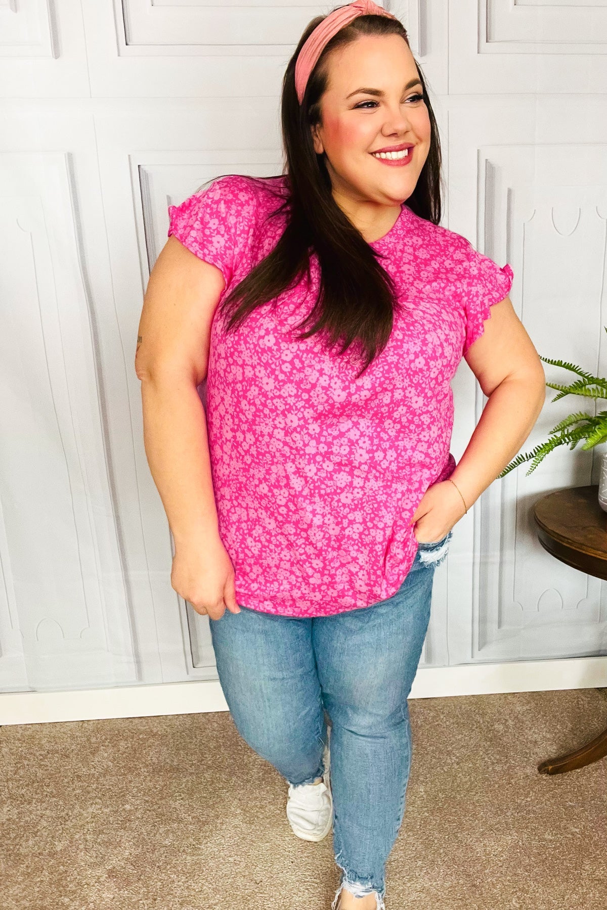 Look Of Love Fuchsia Floral Yoke Ruffle Short Sleeve Top