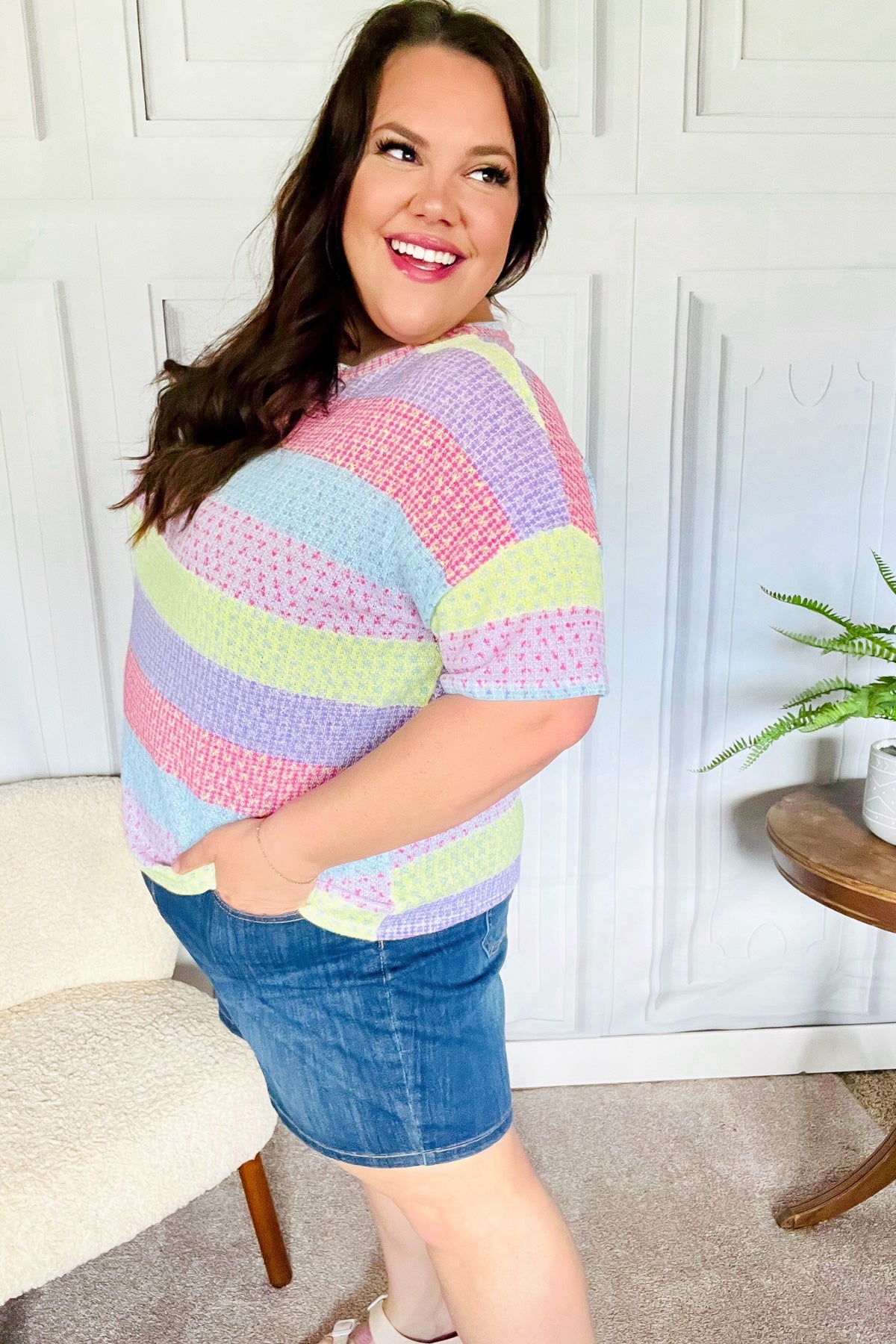 Stand Out Lavender & Pink Striped Textured Waffle Knit Top