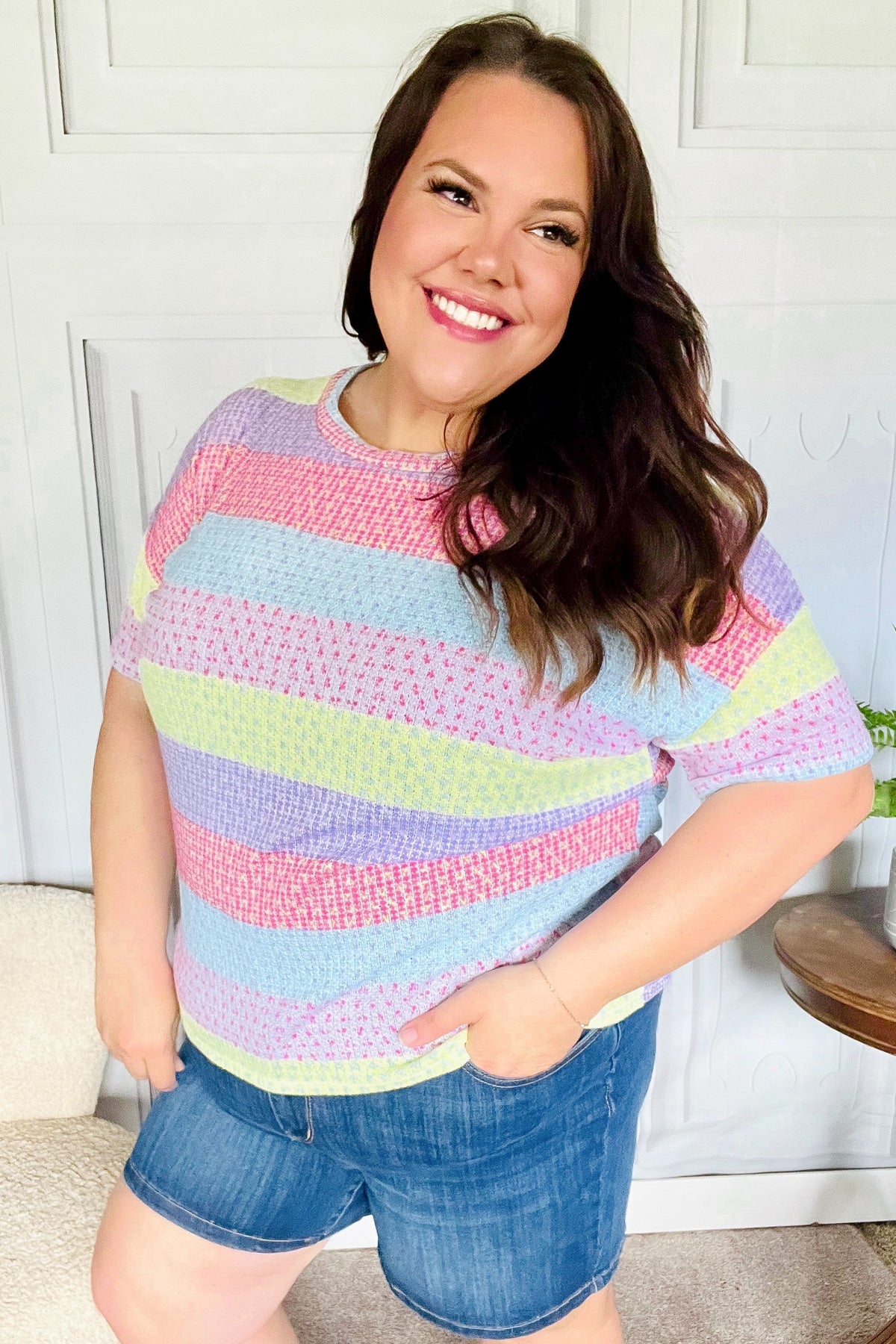 Stand Out Lavender & Pink Striped Textured Waffle Knit Top